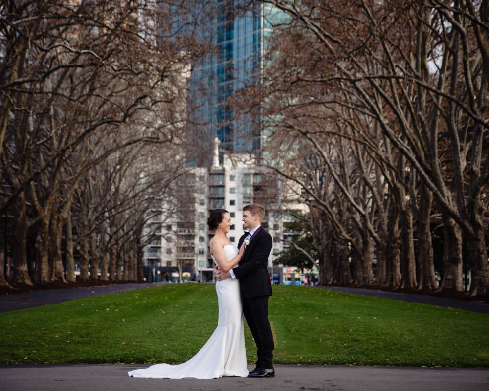 Carlton Gardens - Bride and Groom with Cityscape